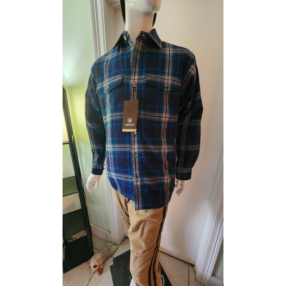 Ariat Shirt Mens Medium Blue Plaid Retro Fit Flannel‎ A11 Quilted Hannoch Jacket
